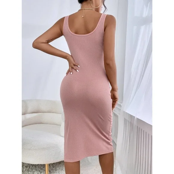 Square neck Ribbed Knit Split Thigh Tank midi Dress light purple lilac - Picture 5 of 15